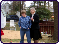 Linda and Tina on shed platform